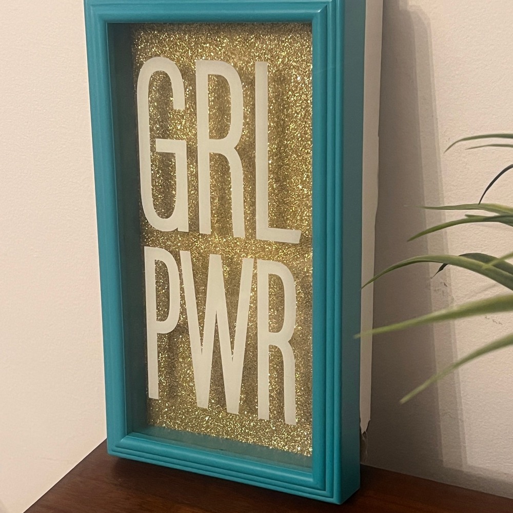 GRL PWR Shadow Box Wall Art Gold Glitter Teal Frame Y2K Glam Decor
